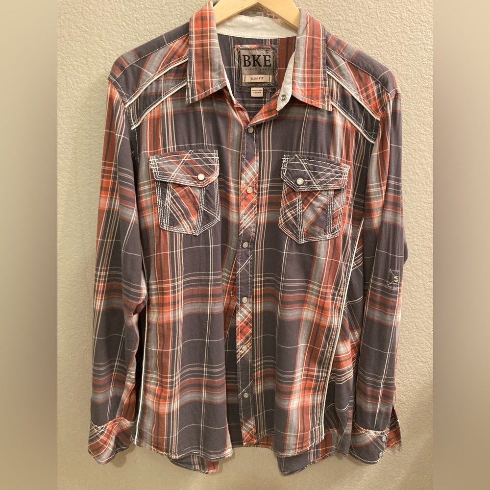 BKE slim fit plaid button down with Mother of Pearl buttons, size XL